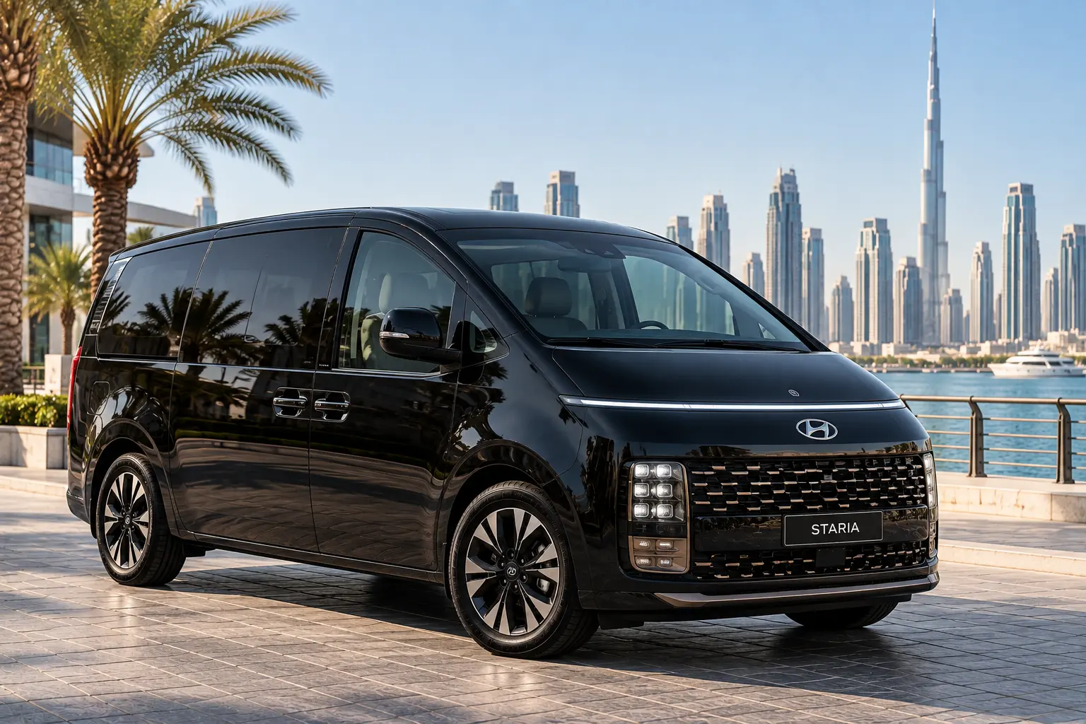 The image appears to show a black Hyundai Staria multi-purpose vehicle (MPV) parked against a waterfront city backdrop.