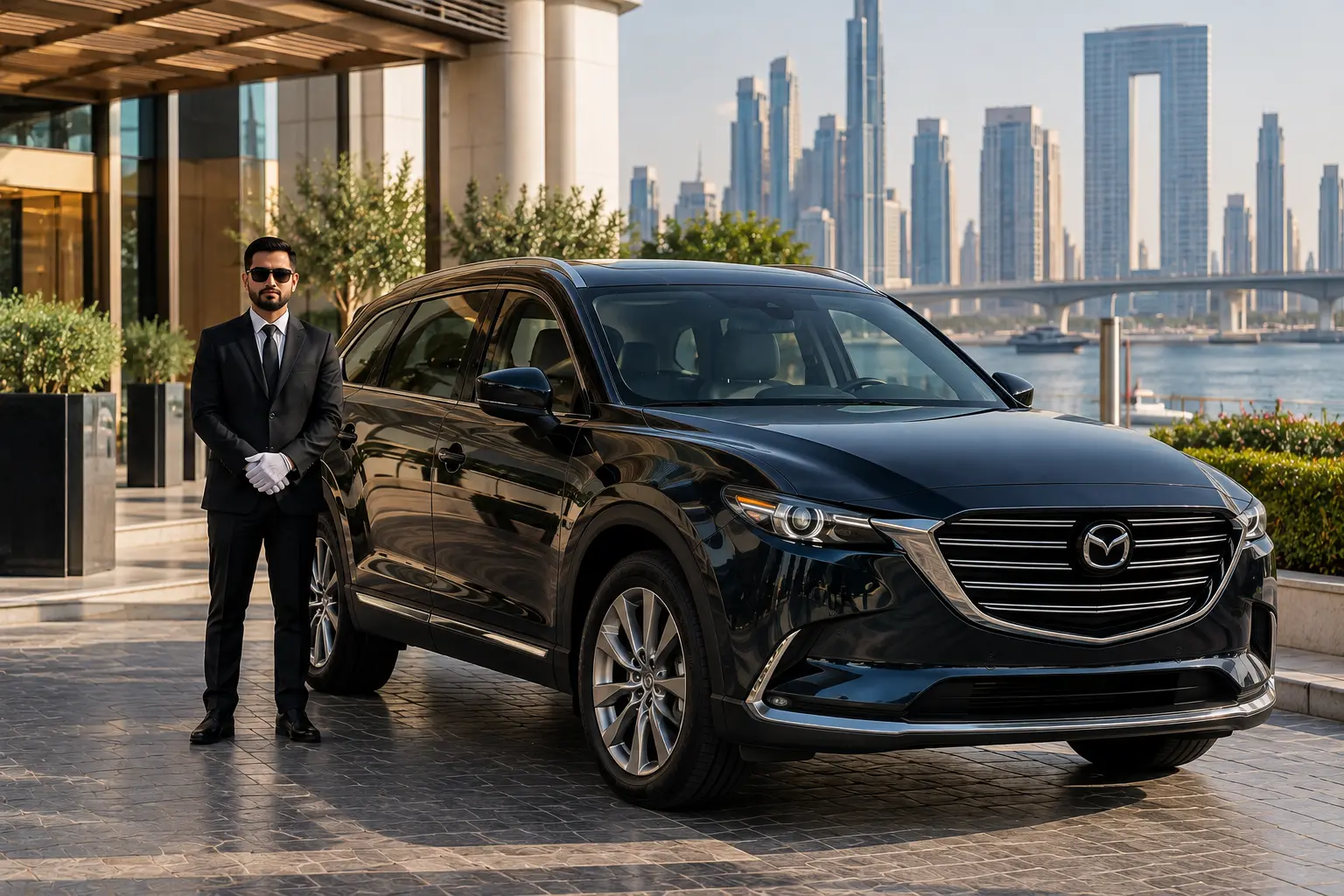 The image appears to show a black Mazda CX-9 SUV parked outside, with a chauffeur in a suit standing next to it.