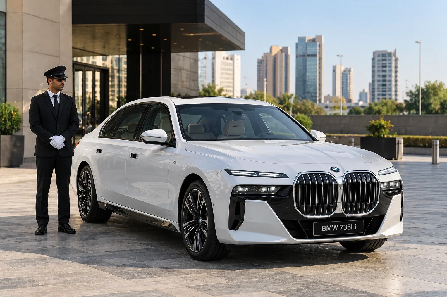 The image appears to show a modern white BMW 7 Series (such as a 735Li) paired with a uniformed chauffeur in an urban setting.
