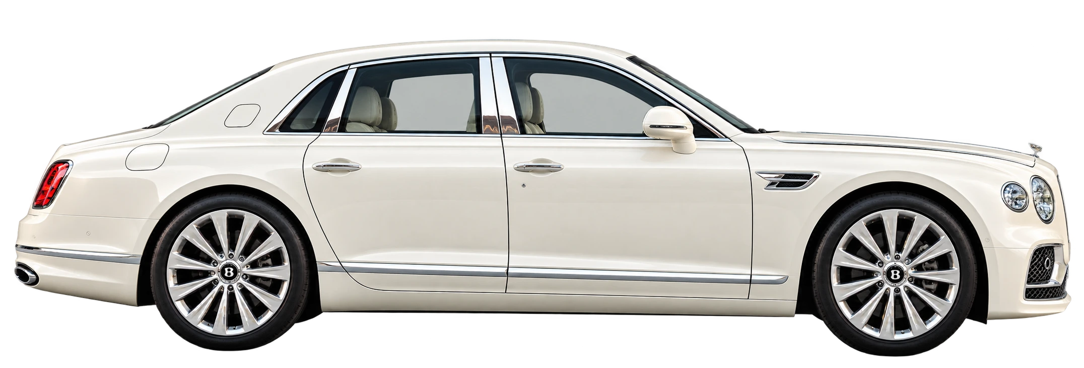 The image appears to show a white Bentley Flying Spur luxury sedan viewed from the side profile.