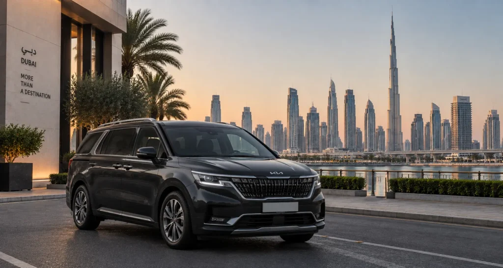 The image shows a dark gray Kia Carnival minivan parked on a waterfront street with the Dubai skyline and the Burj Khalifa in the background.
