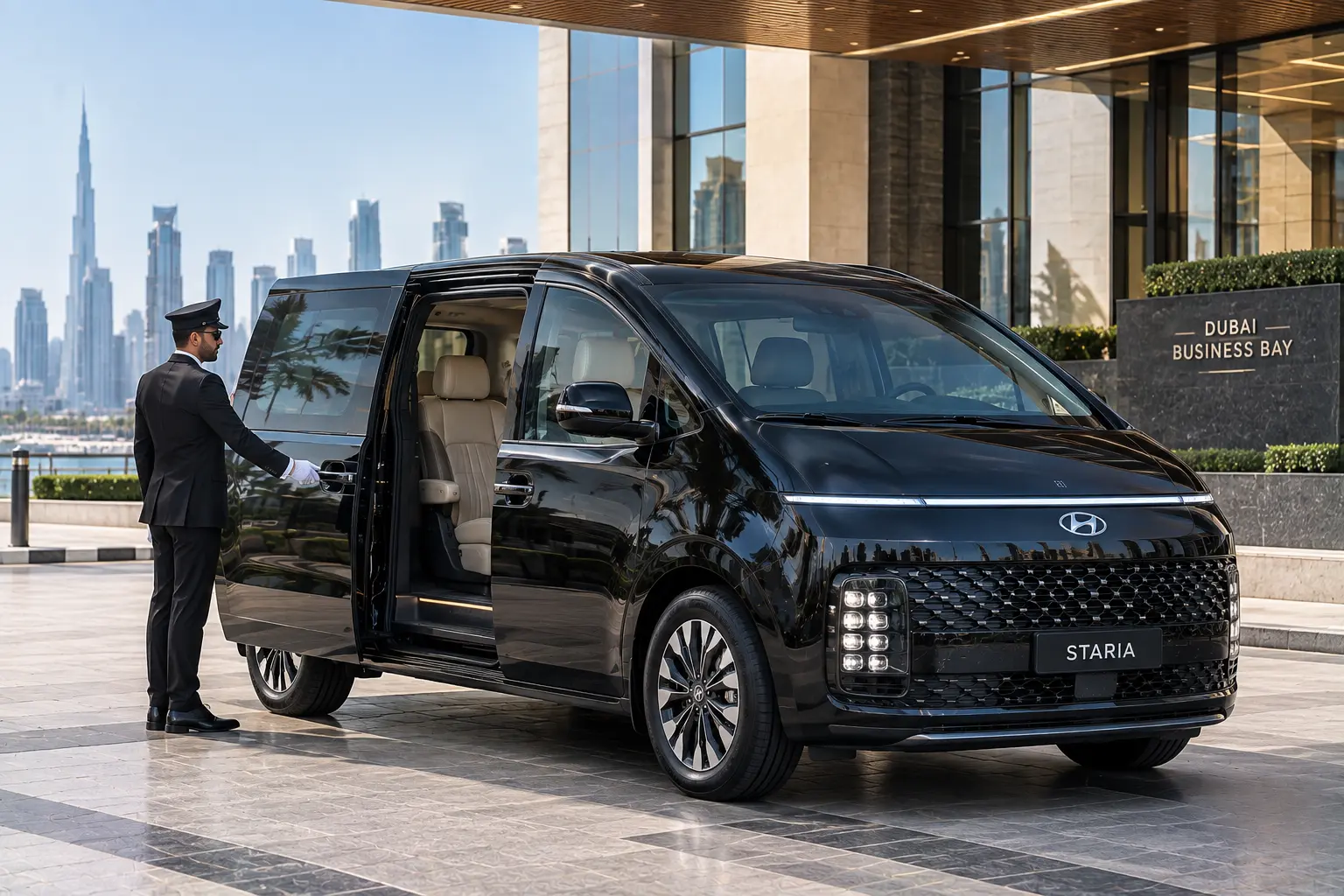 The vehicle in the image appears to be a black Hyundai Staria multi-purpose vehicle (MPV), parked in front of a modern building with a chauffeur opening the sliding door.