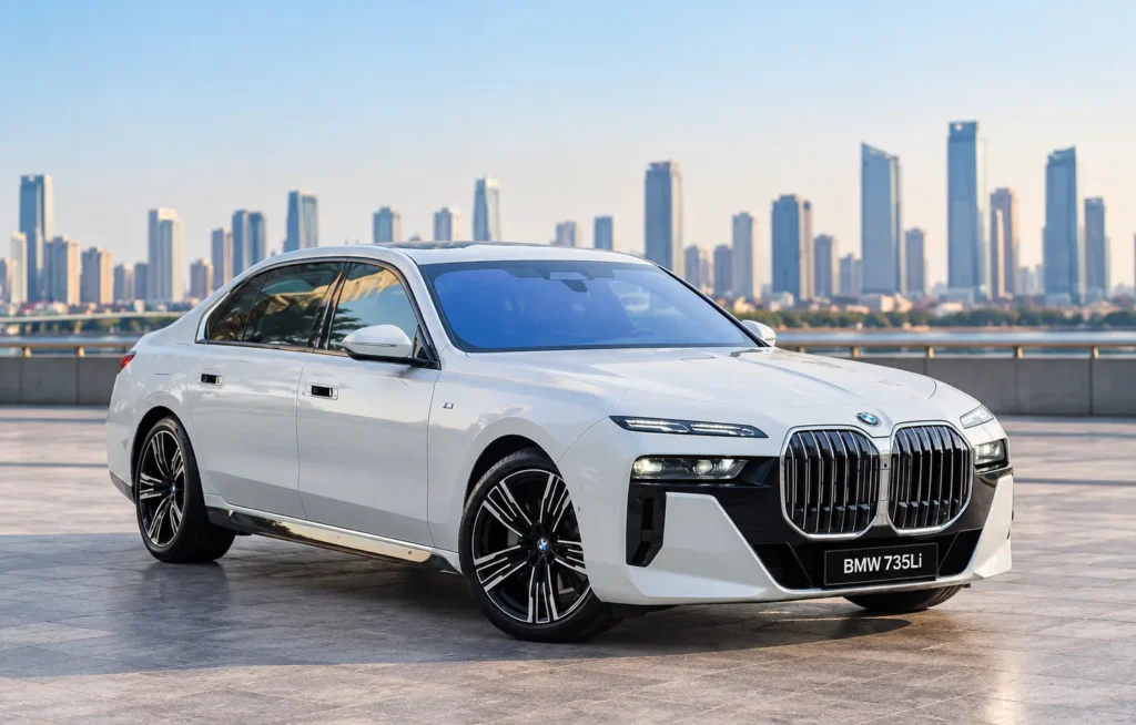 White BMW 7 Series (G70), specifically labeled as a BMW 735Li.
