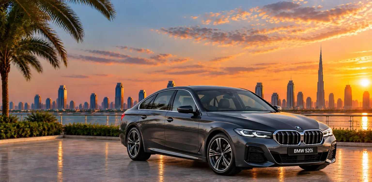 The image shows a dark grey BMW 5 Series parked against a sunset backdrop in Dubai